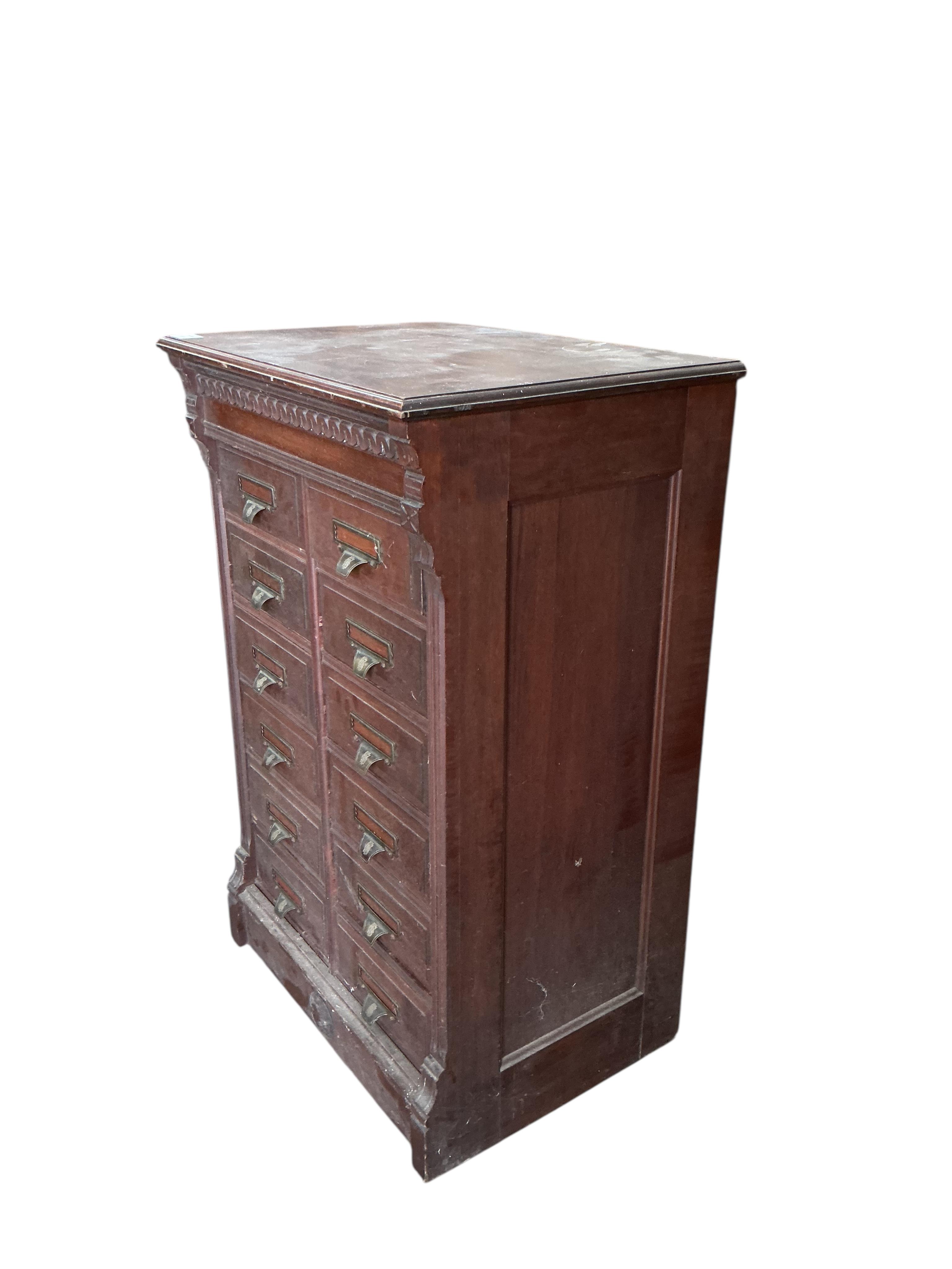 An early 20th century mahogany twelve drawer filing chest, width 62cm, depth 46cm, height 97cm